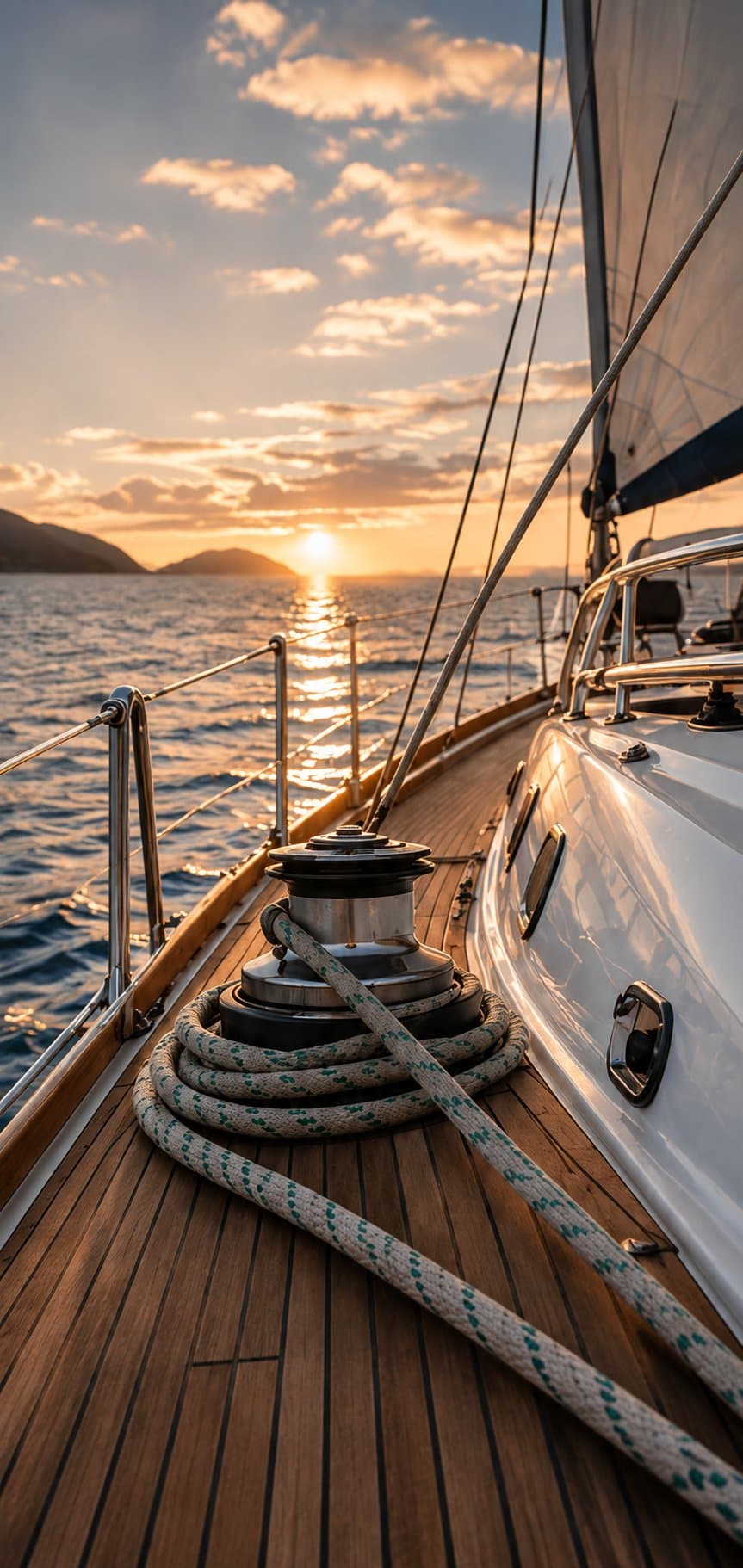 Teak deck and coiled mooring line on a yacht at sunset